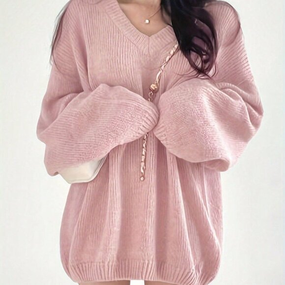 Pink Casual Women's V-Neck Loose Oversized knit Sweater - Picture 4 of 5
